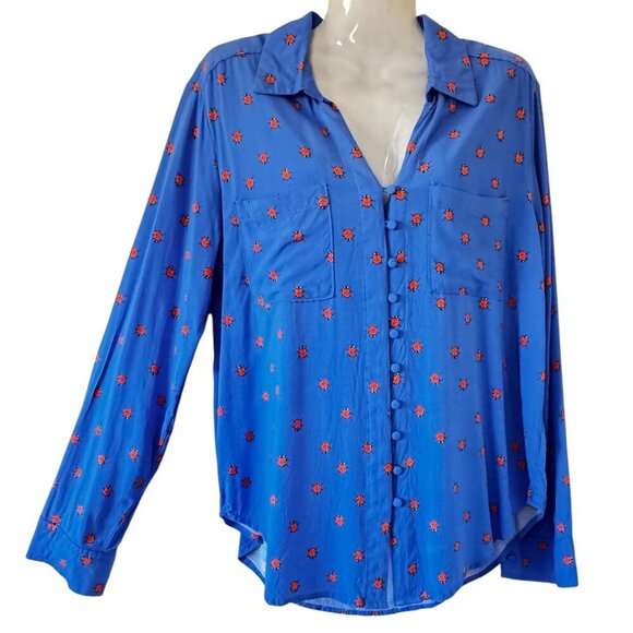Velvet Heart Ladybug Print Button Front Top Long Sleeve V Neck Covered Buttons L - Picture 2 of 9